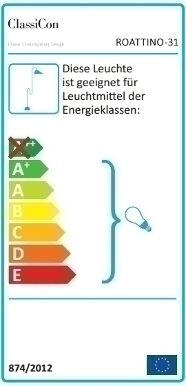 Energieeffizienzlabel der ClassiCon Roattino Stehleuchte, zeigt Energieklassen von A+ bis E.