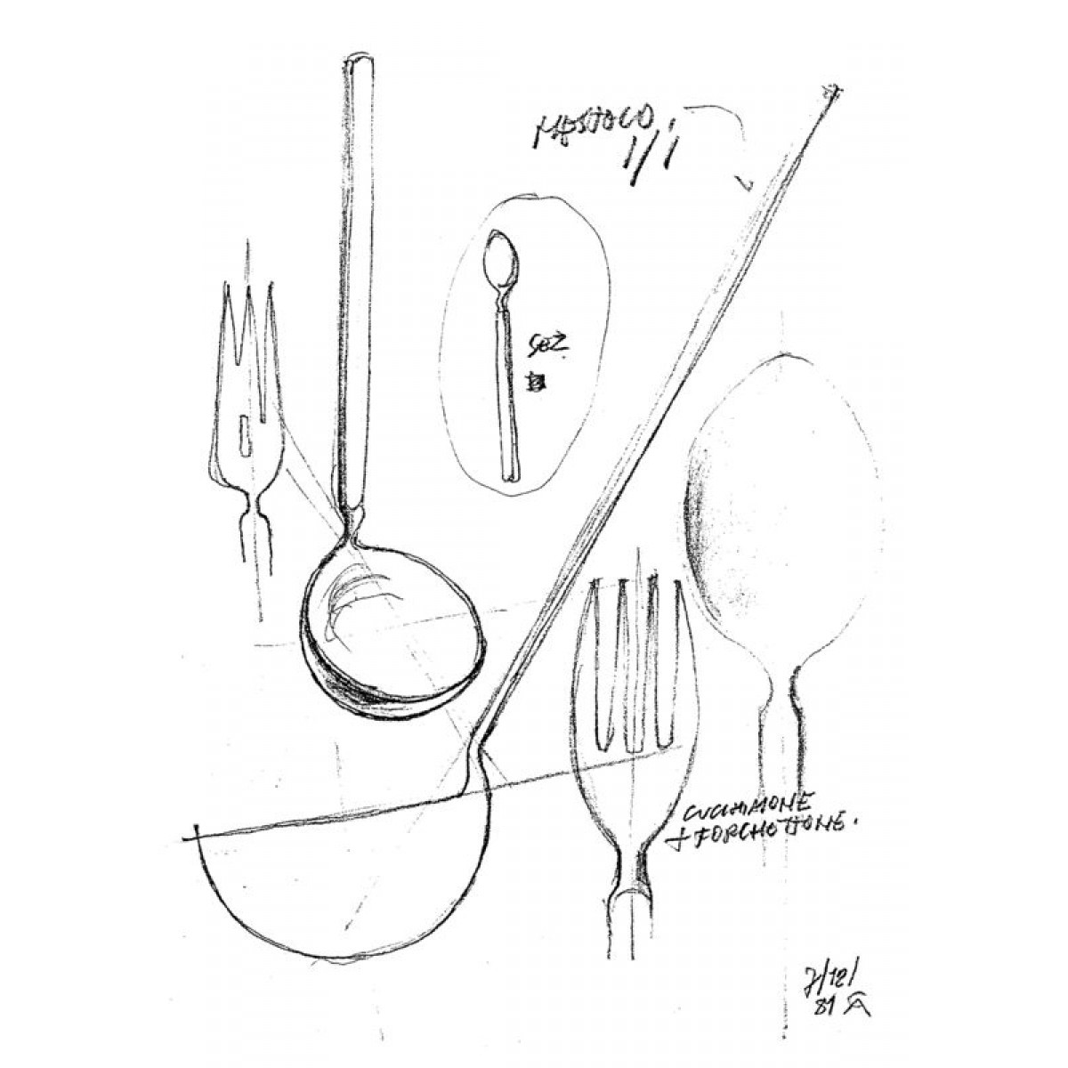 Skizze der Alessi Dry Besteckgarnitur, 24-teiliges Set, mit Löffel, Gabel und Suppenkelle.