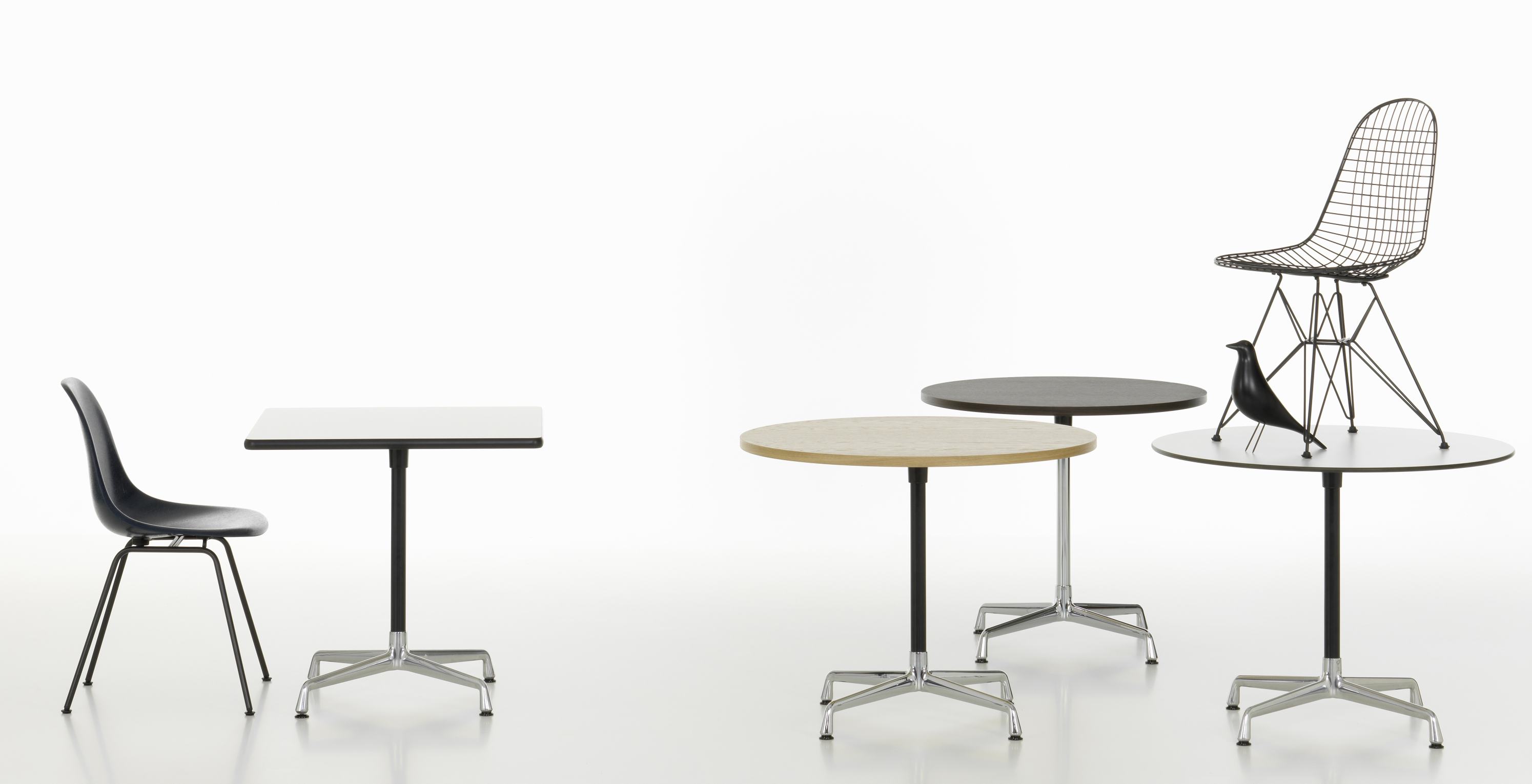 Eames Contract Table von Vitra, quadratisch und rund, mit Stühlen und dekorativem Vogel auf weißem Hintergrund.