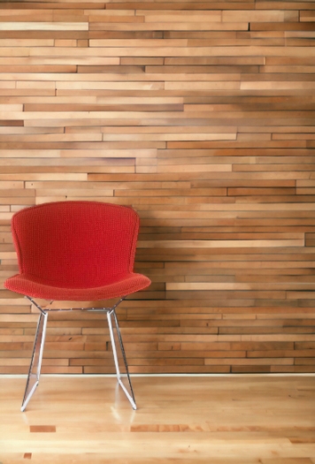 Roter Bertoia Stuhl von Knoll International mit verchromtem Gestell vor einer Holzwand.