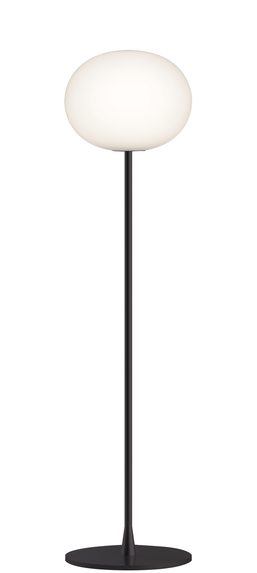 Schwarze Glo Ball Stehleuchte von Flos mit runder Basis und ovalem, leuchtendem Lampenschirm.