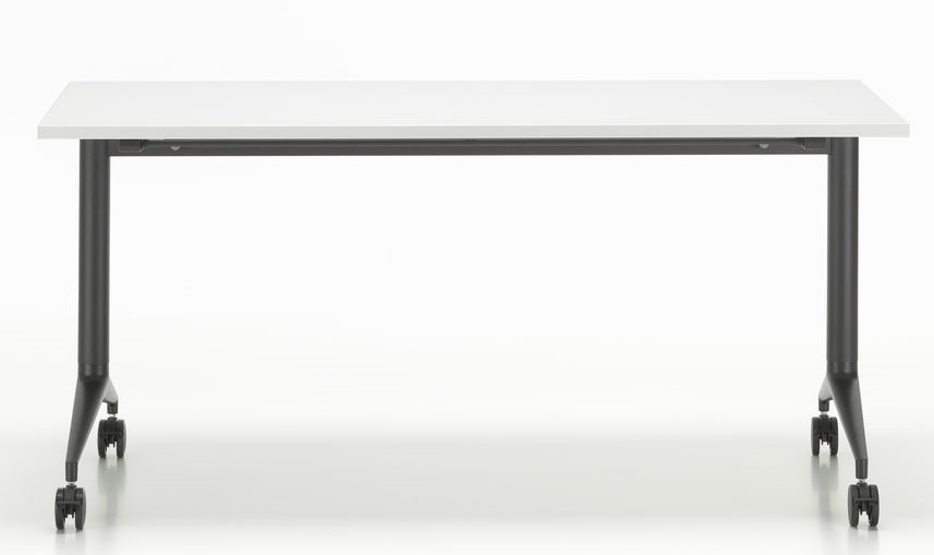 Vitra MedaMorph Klapptisch mit weißer Tischplatte und schwarzem Gestell mit Rollen, Frontansicht.