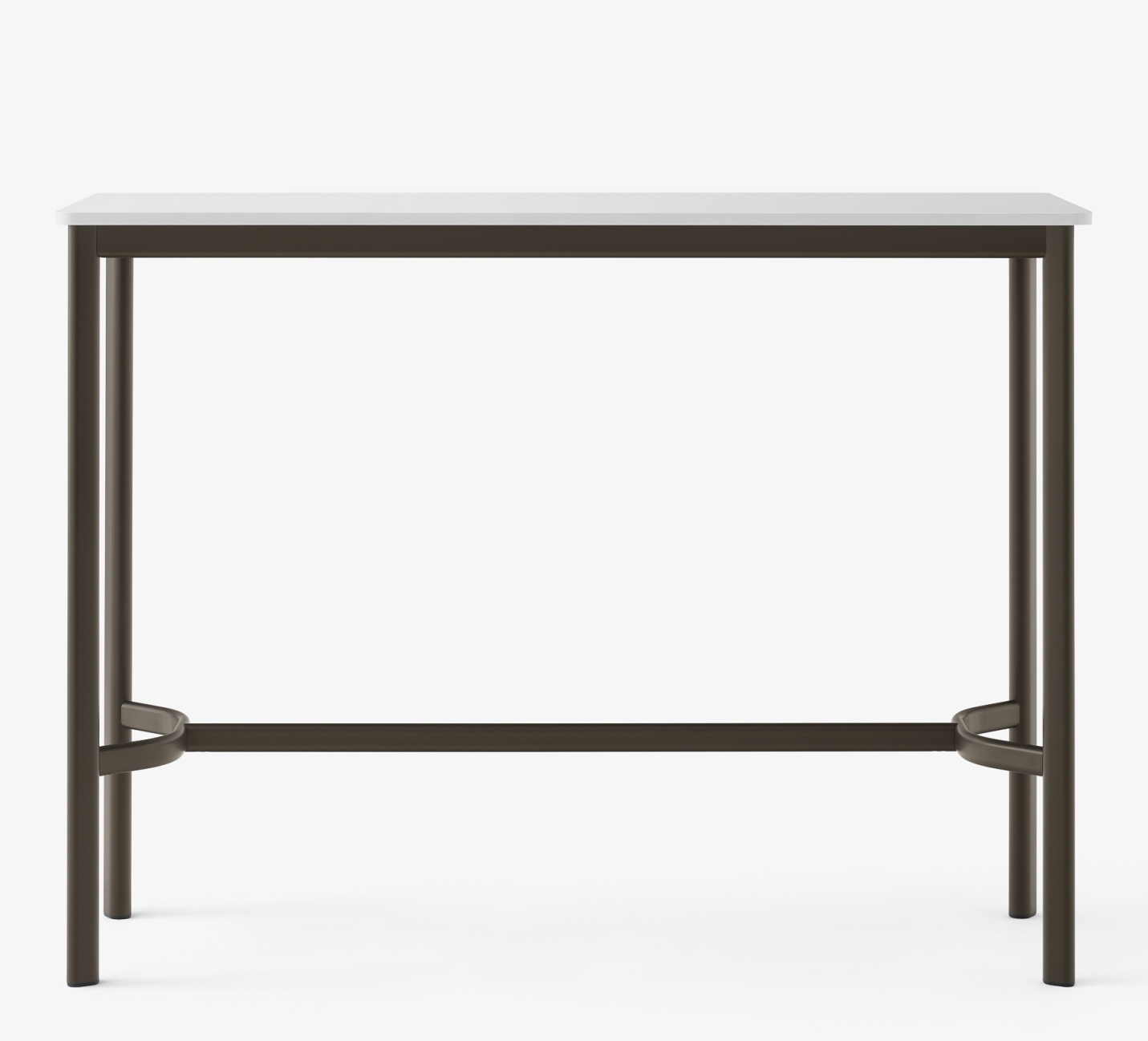 AndTradition Drip High Table Stehtisch mit weißer Tischplatte und braunem Metallgestell, Frontansicht.
