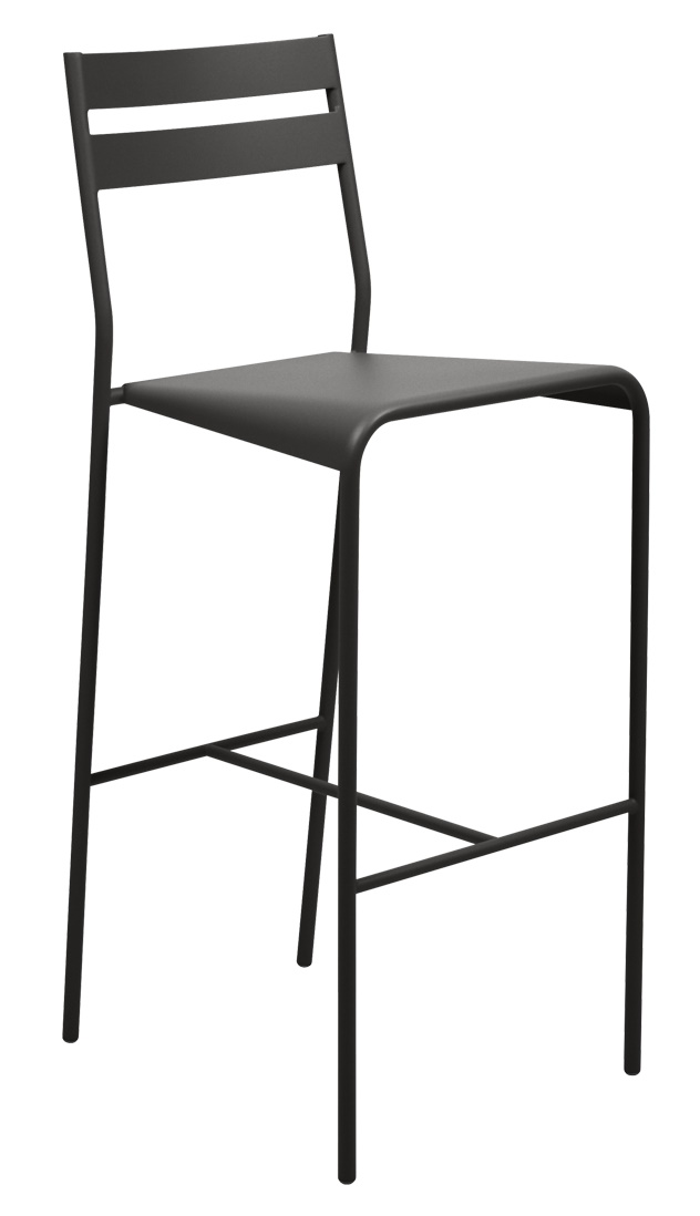 Facto Barhocker von Fermob für den Außenbereich, minimalistisches Design, anthrazitfarbener Metallrahmen, hohe Sitzfläche.