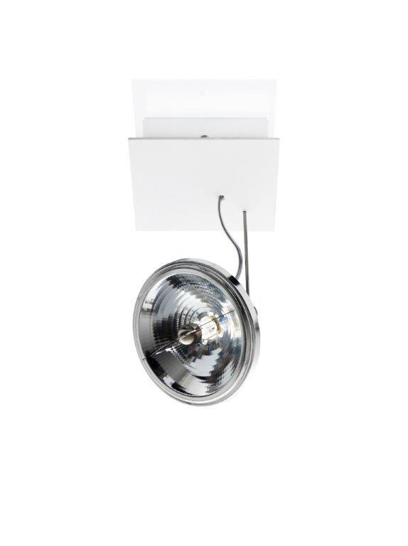 Use Me C. Spot Deckenleuchte von Ingo Maurer, moderne Deckenlampe mit verchromtem Reflektor und weißer Halterung.