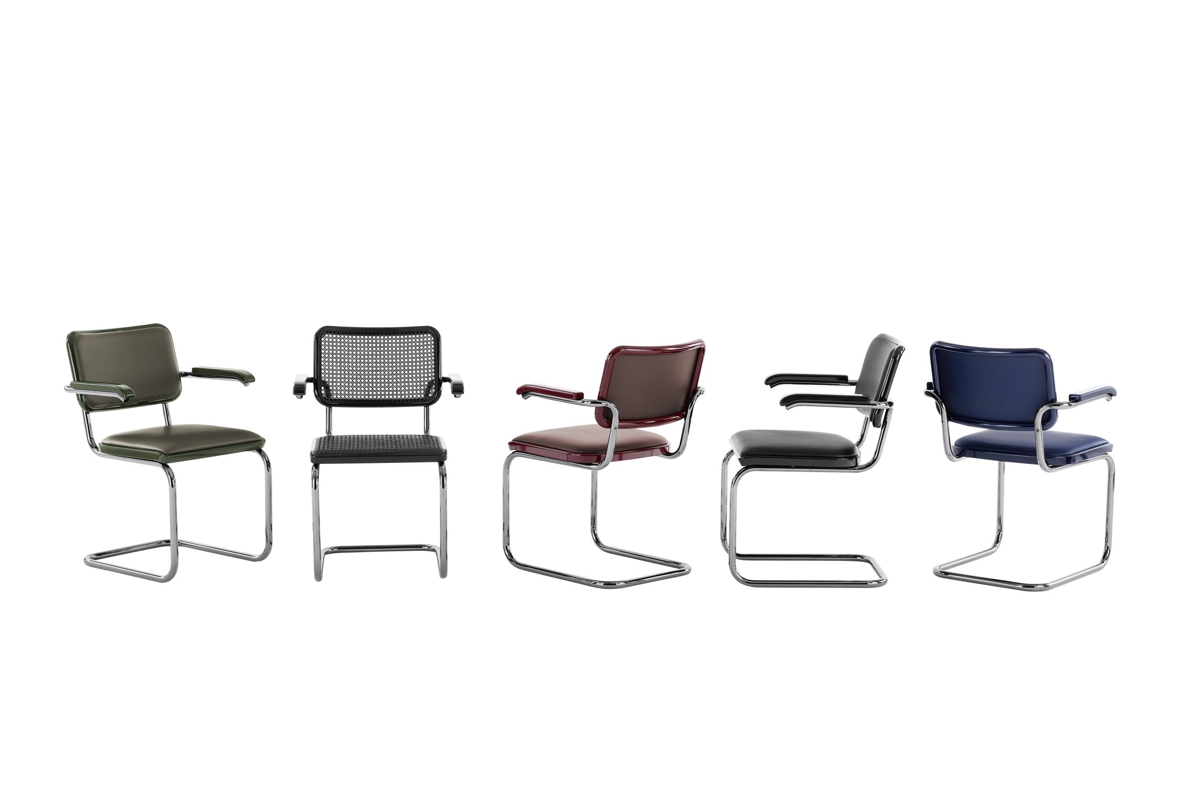 Fünf verschiedene JS. Thonet S 64 V Freischwinger Stühle mit Stahlrohrgestell und Armlehnen in diversen Farben.