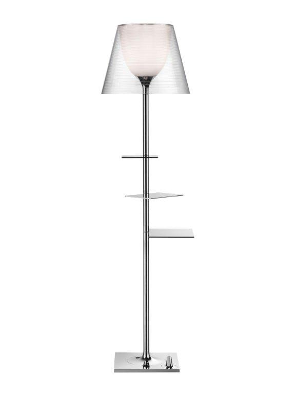Flos Bibliotheque Nationale Stehleuchte mit transparentem Lampenschirm und drei Glasablagen, modernes Design für Wohnzimmer.