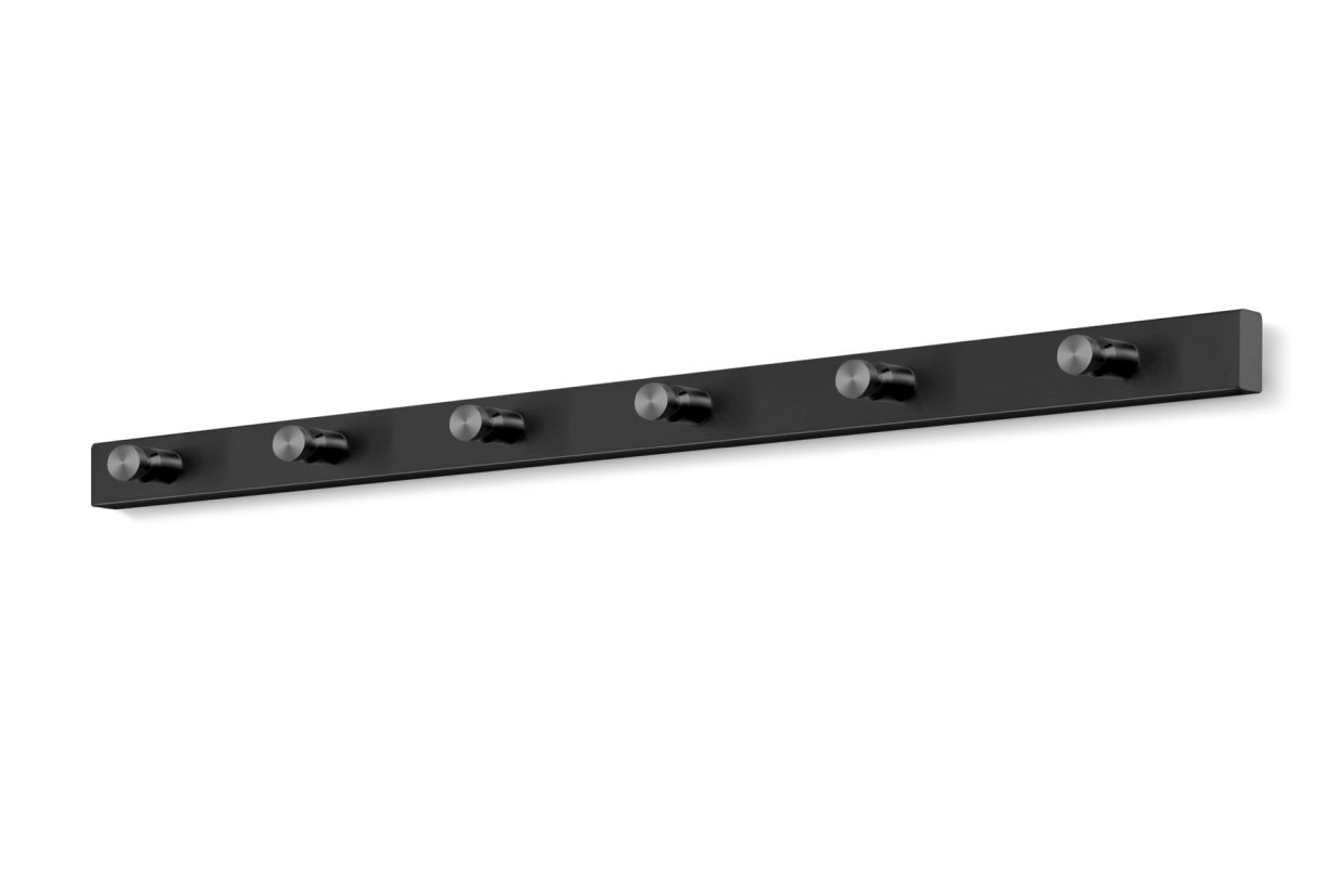 Schwarze Accolo Garderobenleiste mit sechs Haken, moderne Wandgarderobe für Flur und Eingangsbereich.
