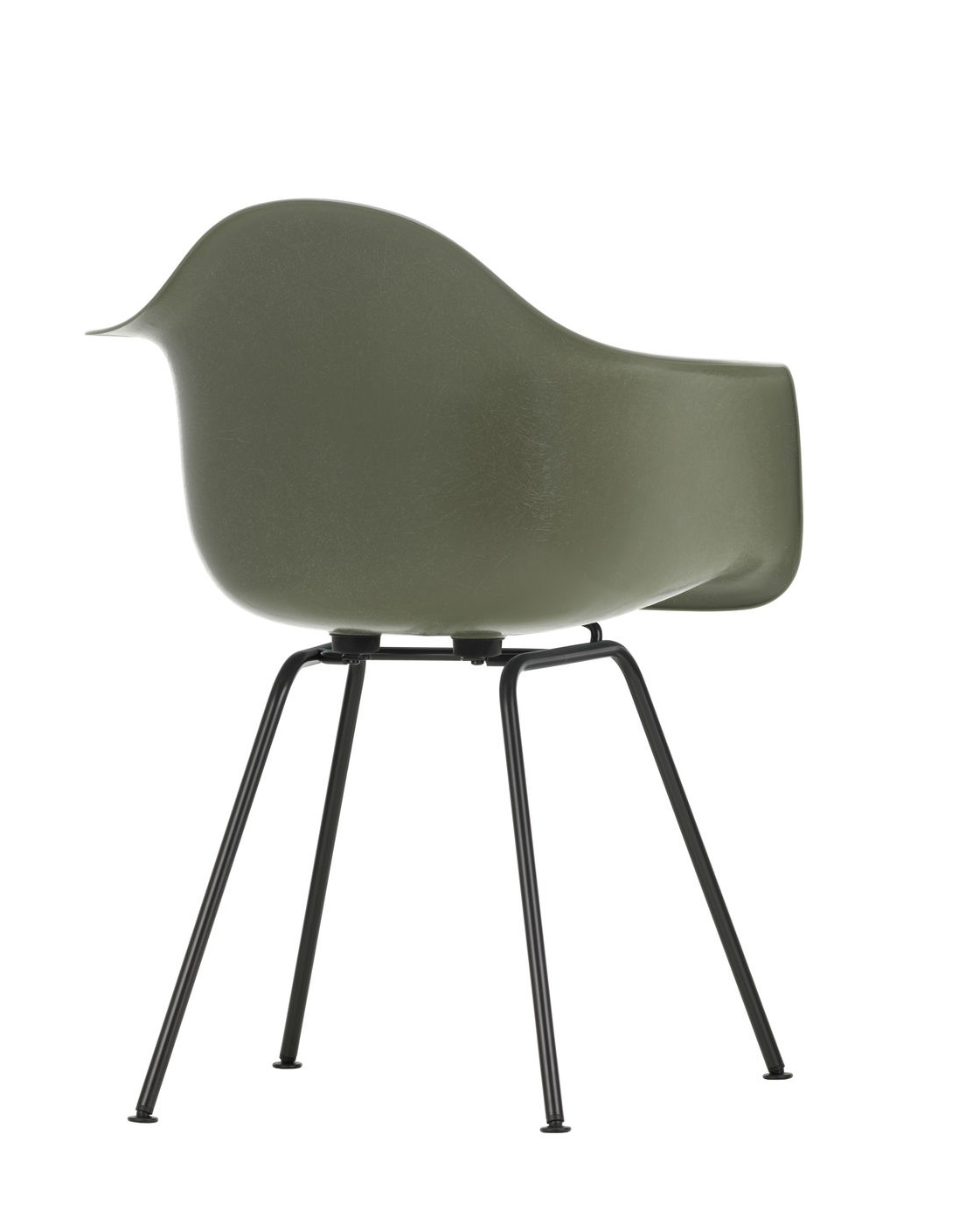 Vitra Eames Plastic Arm Chair DAX Stuhl in Olivgrün mit schwarzem Metallgestell, seitliche Ansicht.