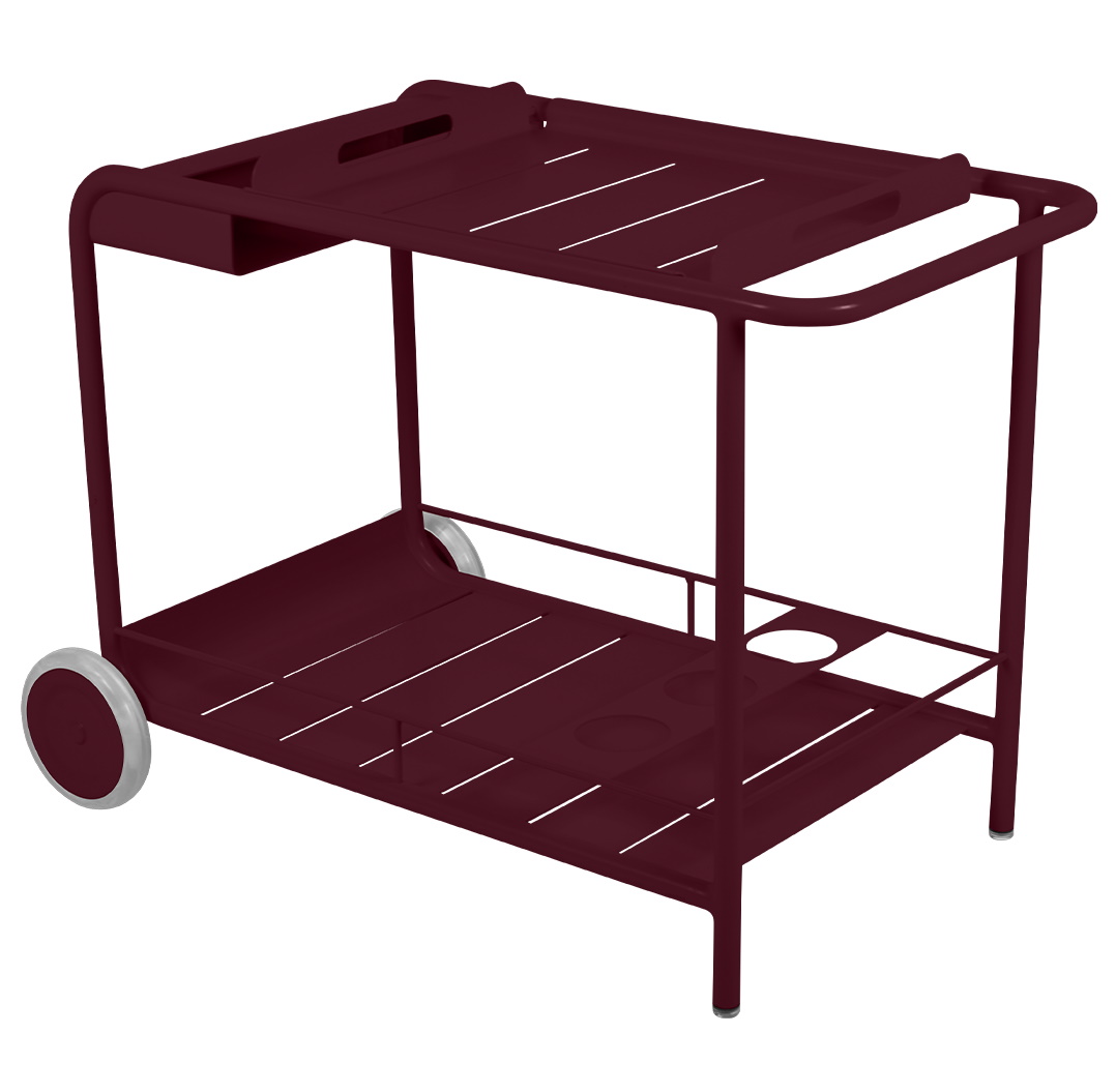 Schwarzkirschroter Fermob Servierwagen "Luxembourg" für den Outdoor-Bereich mit zwei Ablageflächen und Rollen.