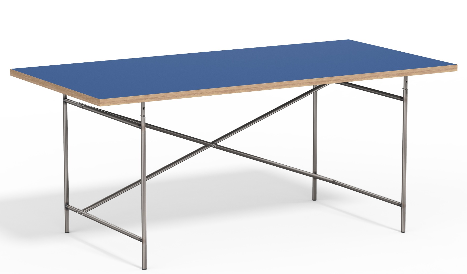 Eiermann Tisch mit blauer Tischplatte und verchromtem Stahlgestell, Designklassiker von Richard Lampert.