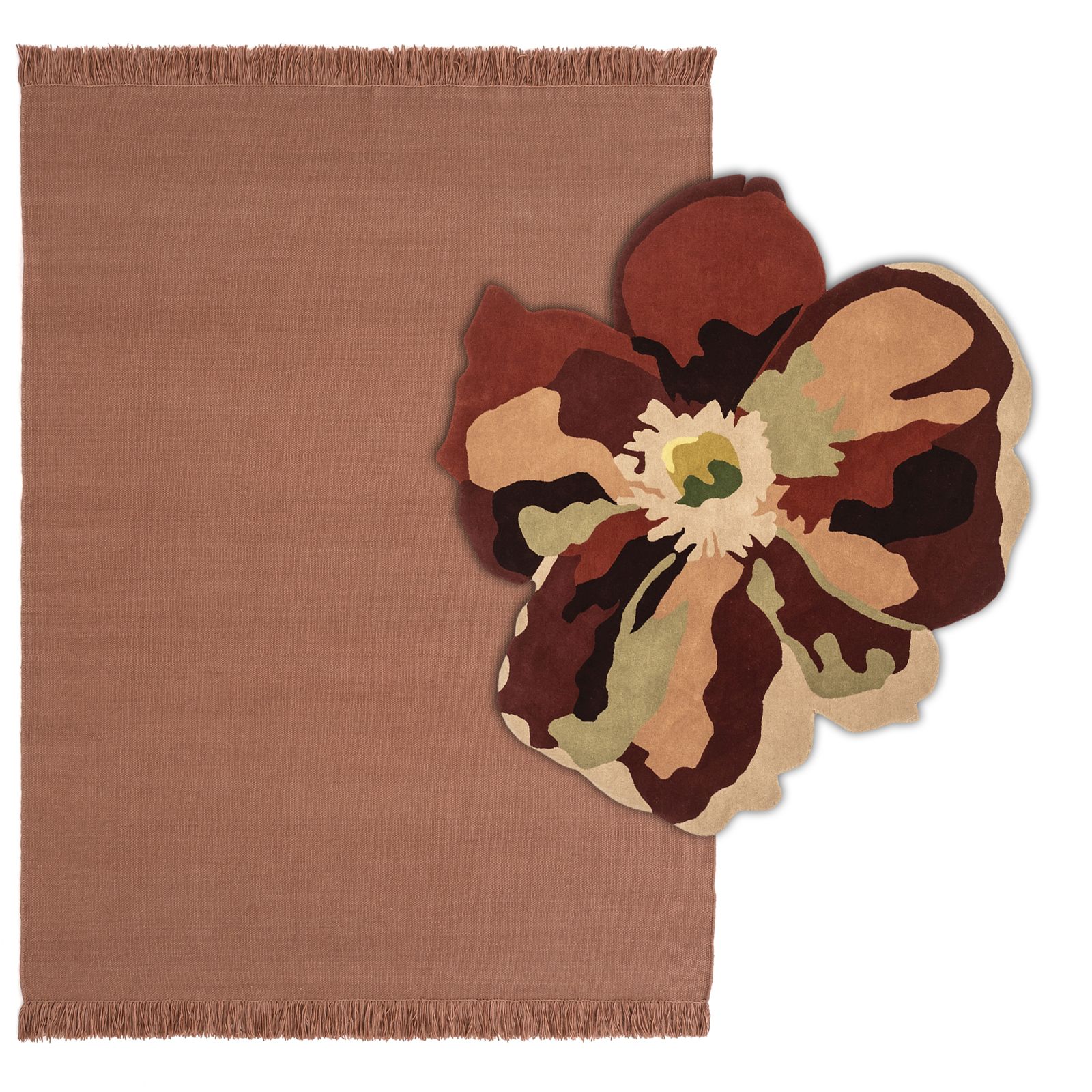 Nanimarquina Flora Bloom Teppich, 170x150 cm, mit brauner Grundfläche und großer, bunter Blumenapplikation.