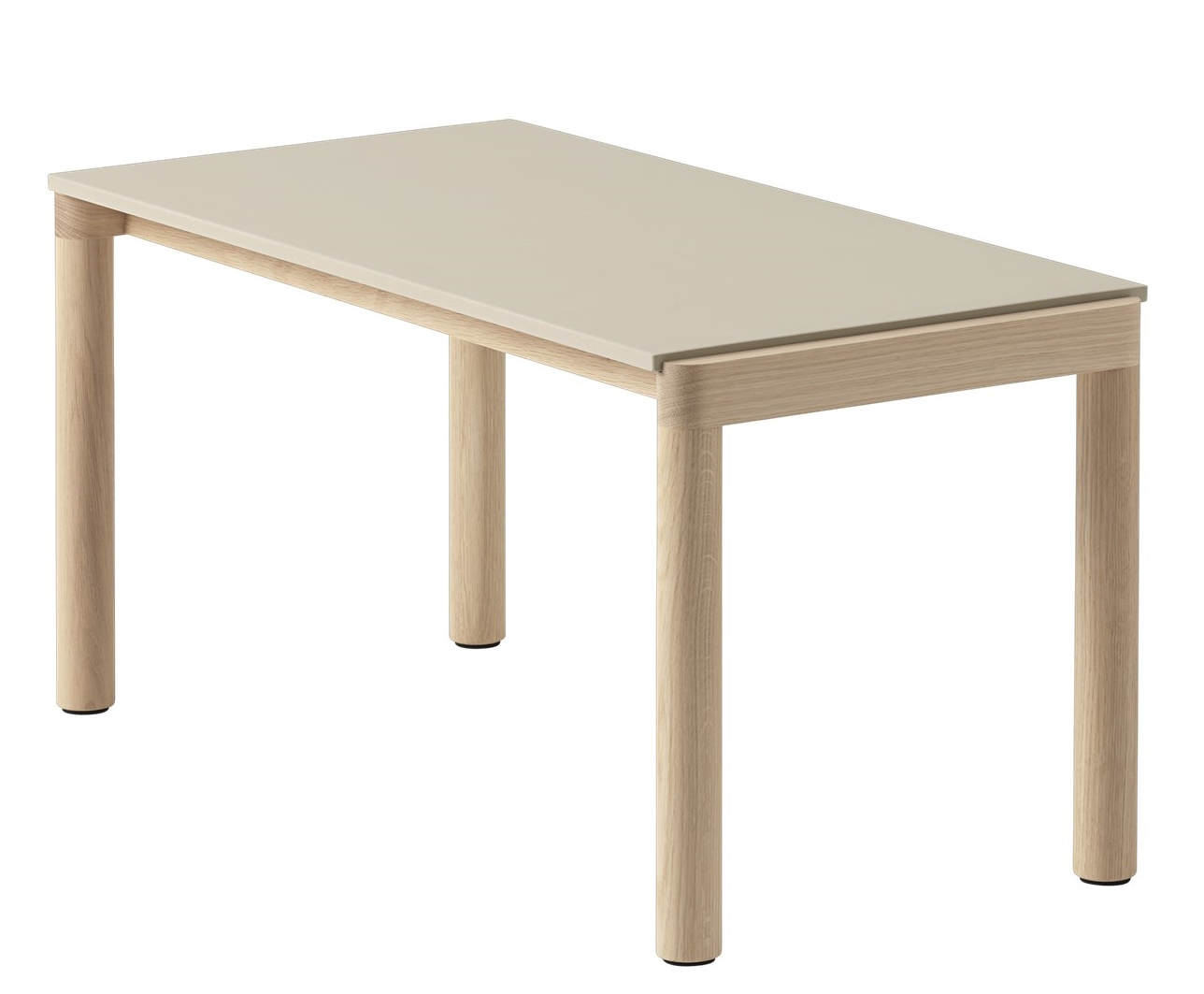 Beiger Muuto Couchtisch mit rechteckiger Tischplatte und hellem Holzgestell, ideal für Wohnzimmer.