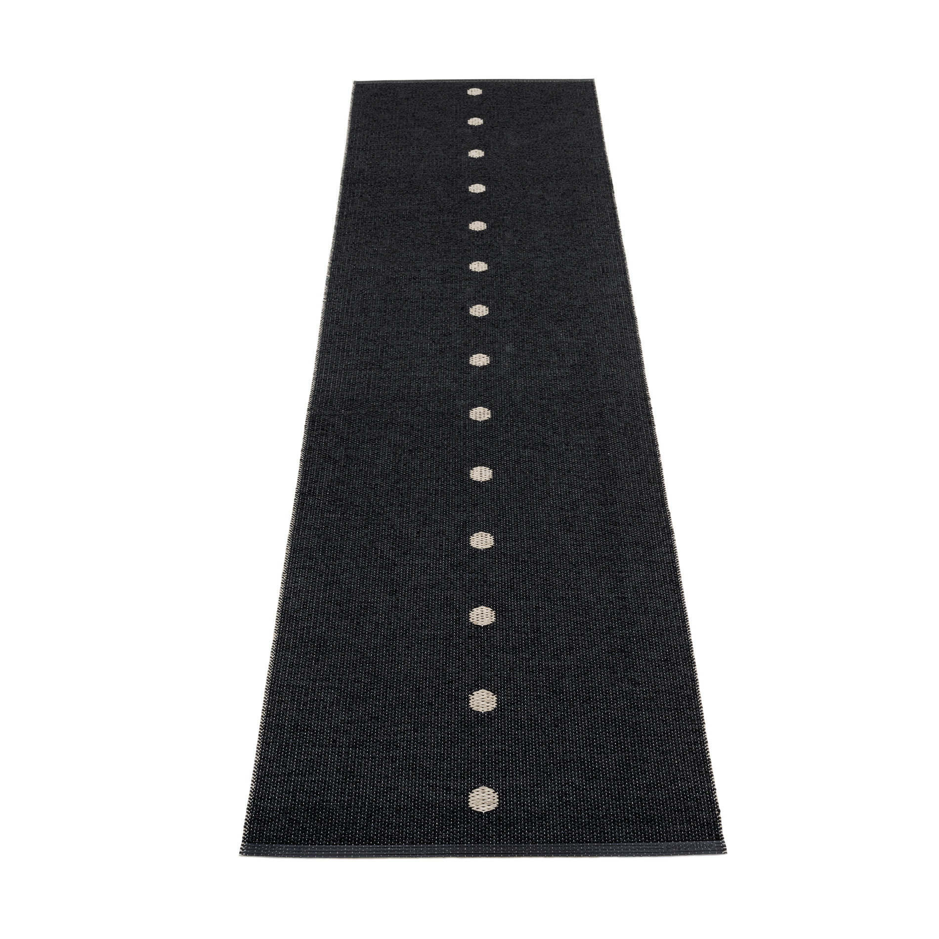 Schwarzer Pappelina Kunststoffteppich 70x280 cm mit weißen Punkten, ideal für Küche und Flur.