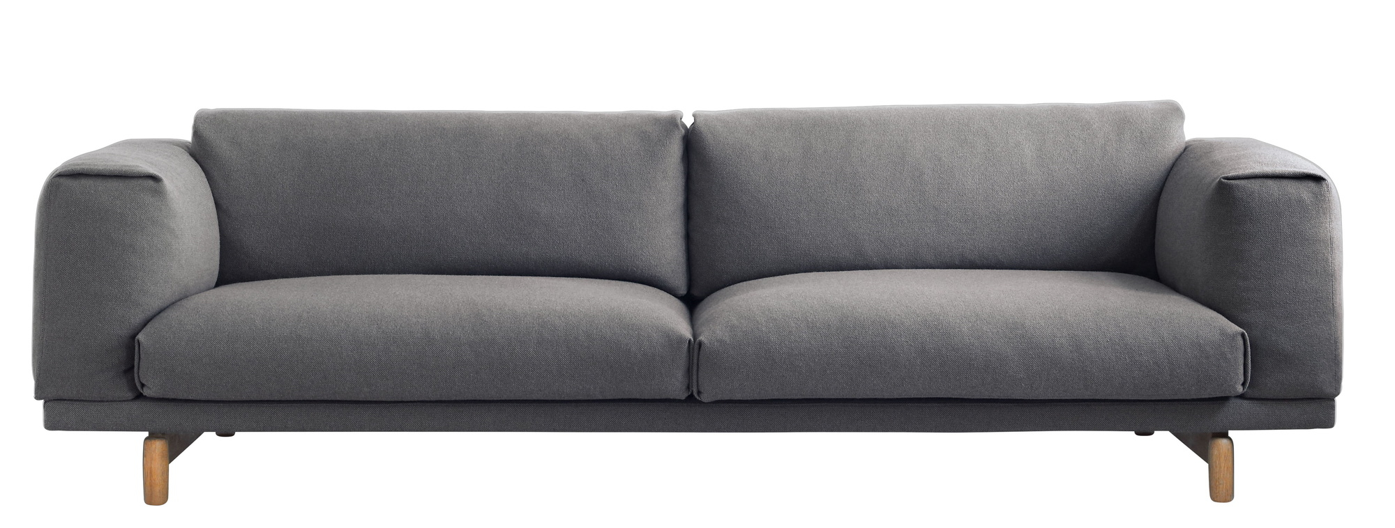 Muuto Rest Sofa, graues 3-Sitzer Sofa mit minimalistischem Design und Holzfüßen für modernes Wohnzimmer.