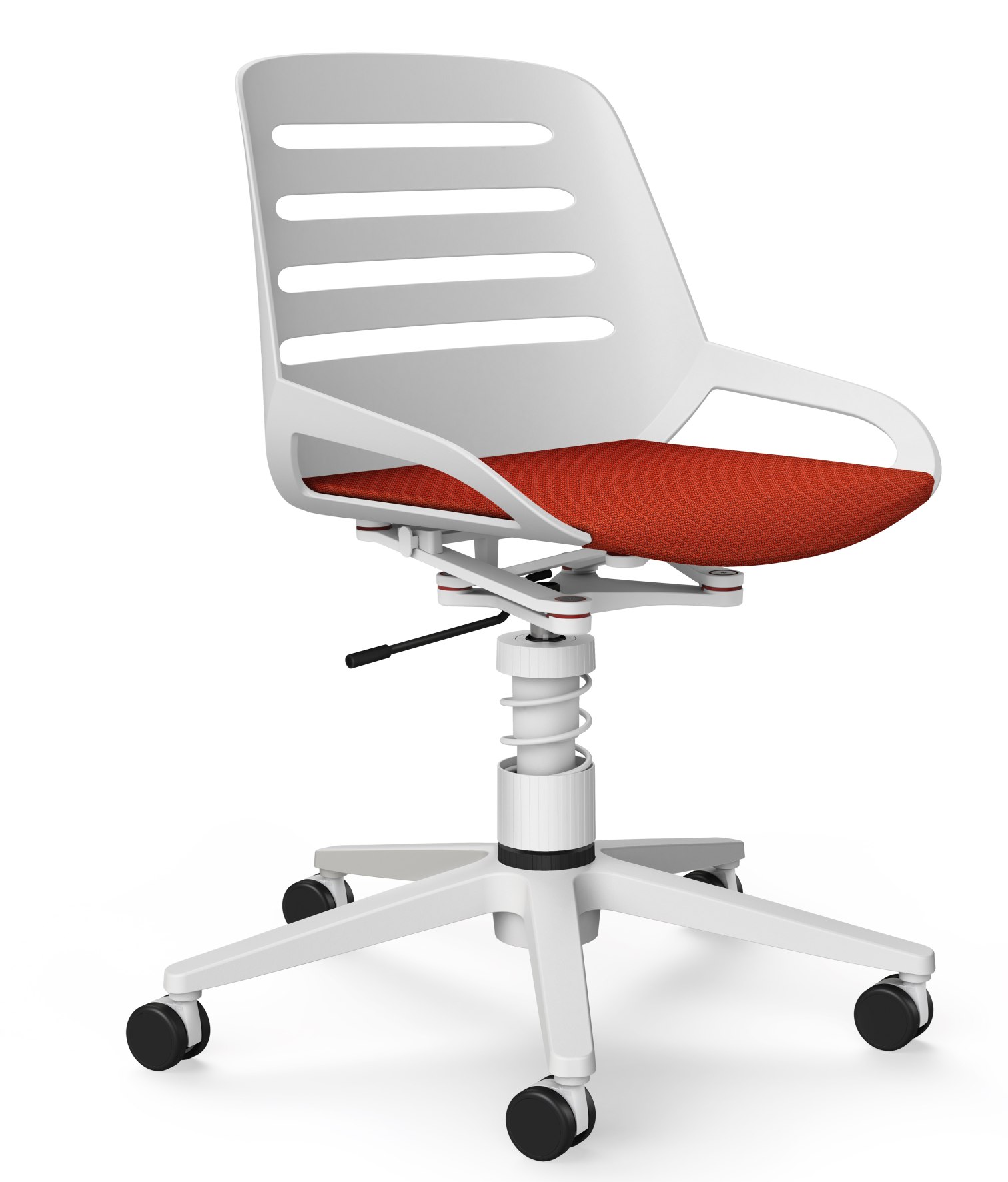 Numo Task Bürodrehstuhl von Aeris, weiß mit rotem Sitzpolster, ergonomischer Schreibtischstuhl mit Rollen und Federbein.