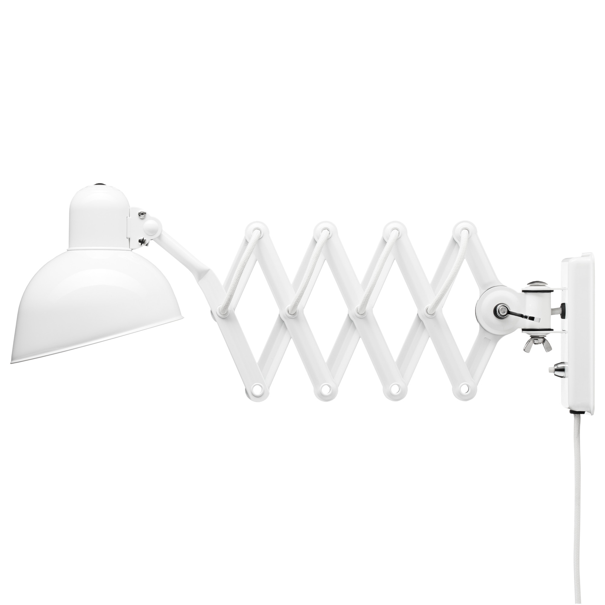 Weiße KAISER idell Scherenleuchte 6718 von Fritz Hansen, Wandleuchte mit Scherenarm und Lampenschirm.