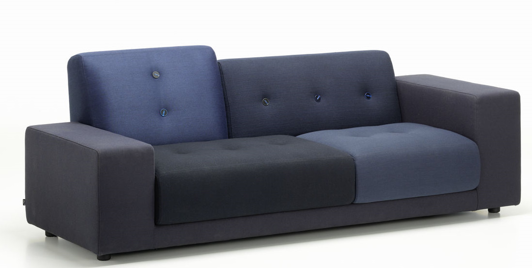Vitra Polder Compact Sofa in verschiedenen Blautönen, modernes Design Sofa mit Knöpfen.