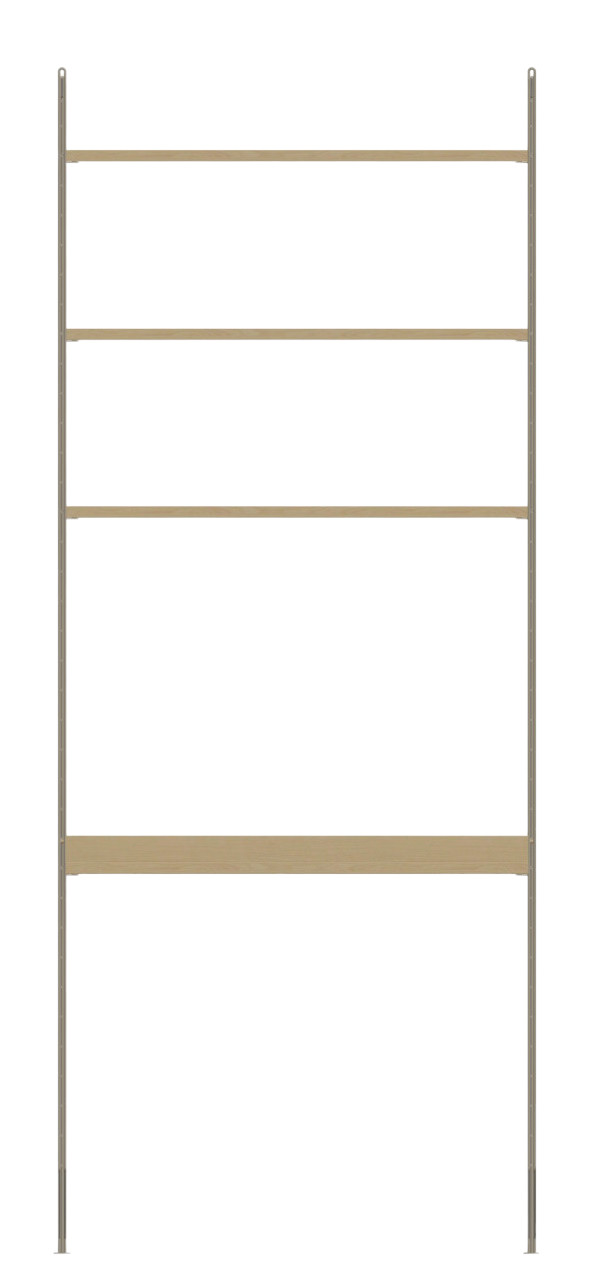 Arbeitsplatz KONFIGURATIONEN W1 String Furniture: Regalsystem mit vier hellen Holzregalböden und grauen Seitenteilen.