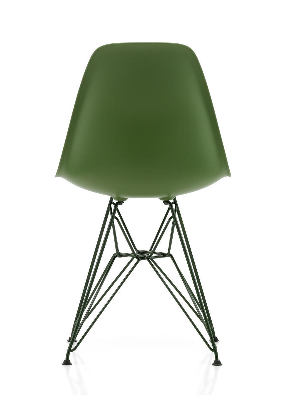 Grüner Eames Plastic Side Chair DSR Stuhl von Vitra, Ansicht von hinten, Drahtgestell.