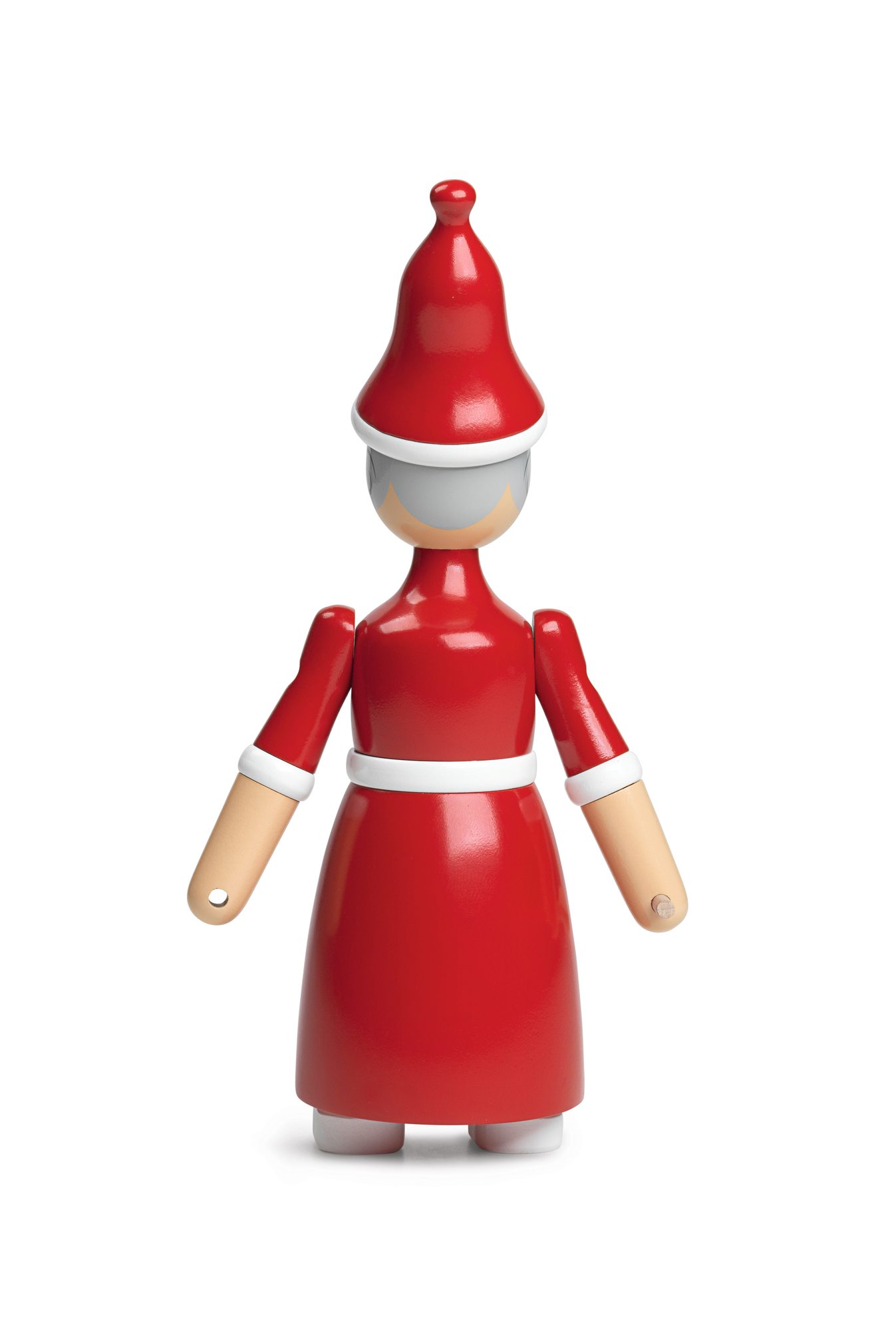 Kay Bojesen Weihnachtsfrau aus Holz, rot gekleidet mit weißem Gürtel und Mütze, Weihnachtsdekoration.