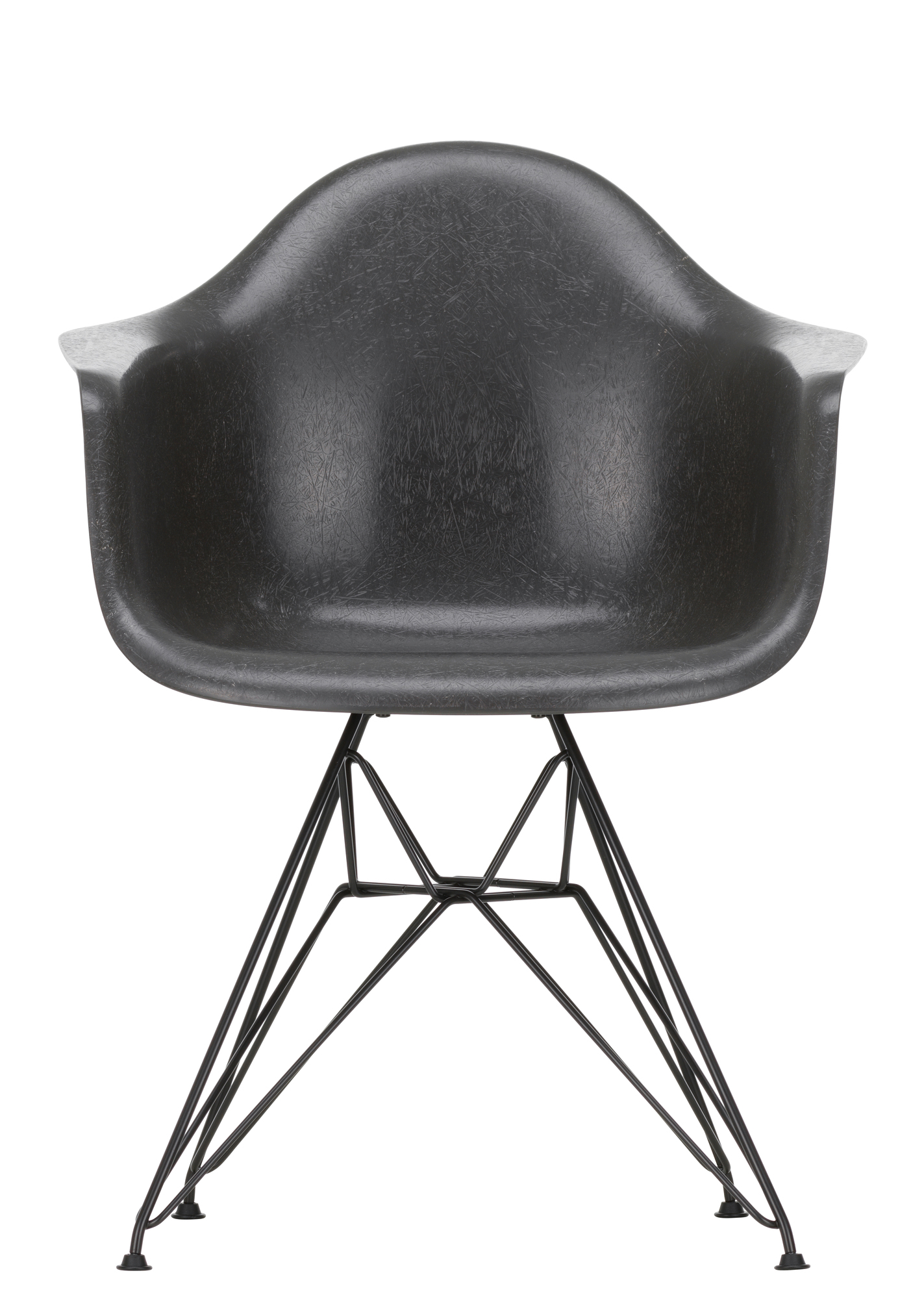 Schwarzer Eames Fiberglass Arm Chair DAR Stuhl von Vitra mit filigranem, schwarzem Drahtgestell.