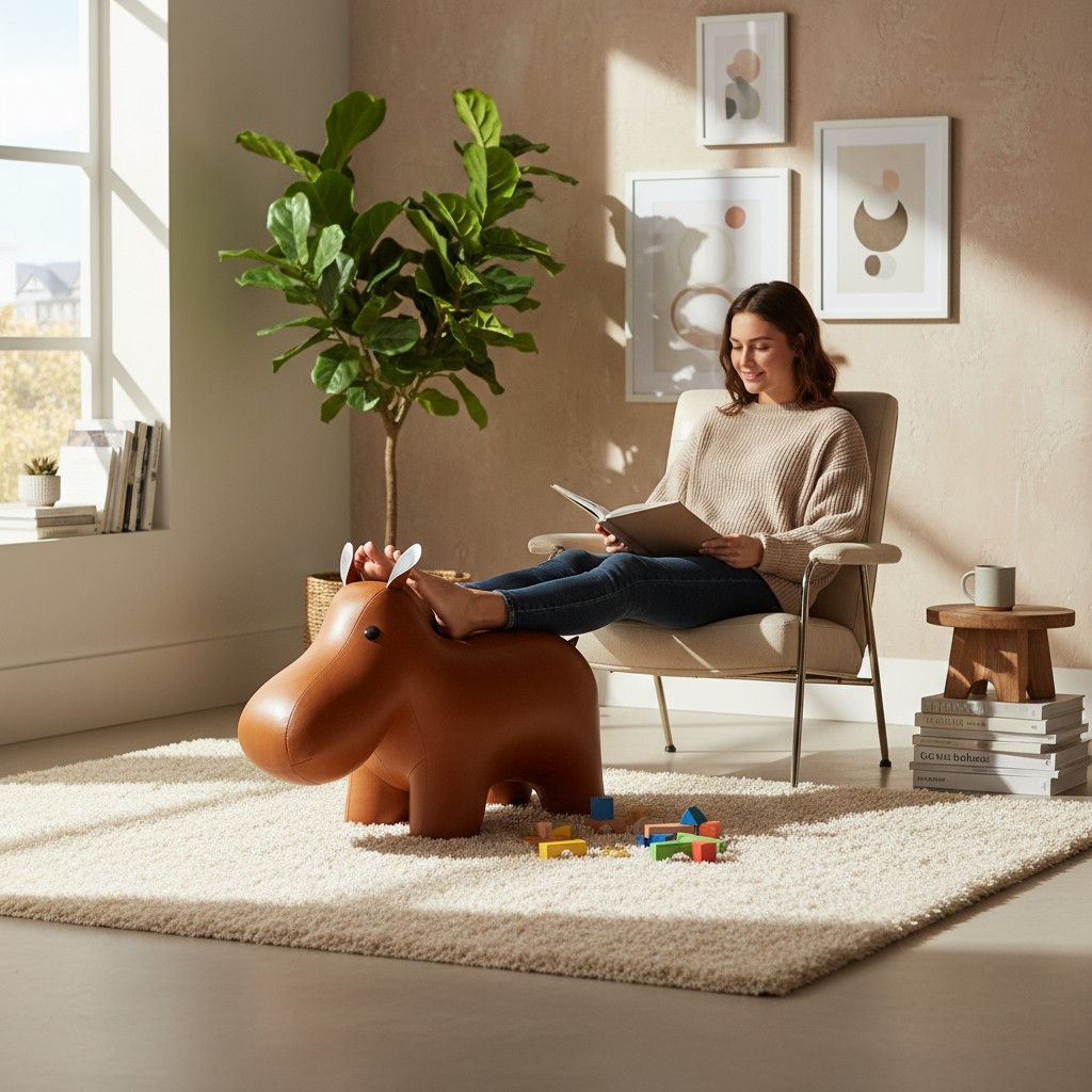 Frau liest mit Füßen auf braunem Ledertier XXL Hippo Zuny in wohnlicher Atmosphäre.