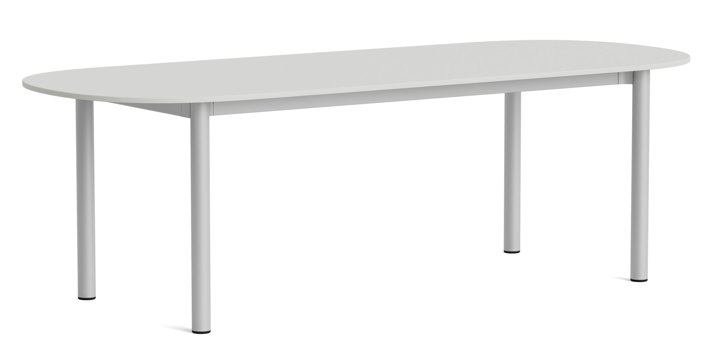 Annex Table Oblong Esstisch von Hay, oval, hellgraue Tischplatte und vier zylindrische Tischbeine.