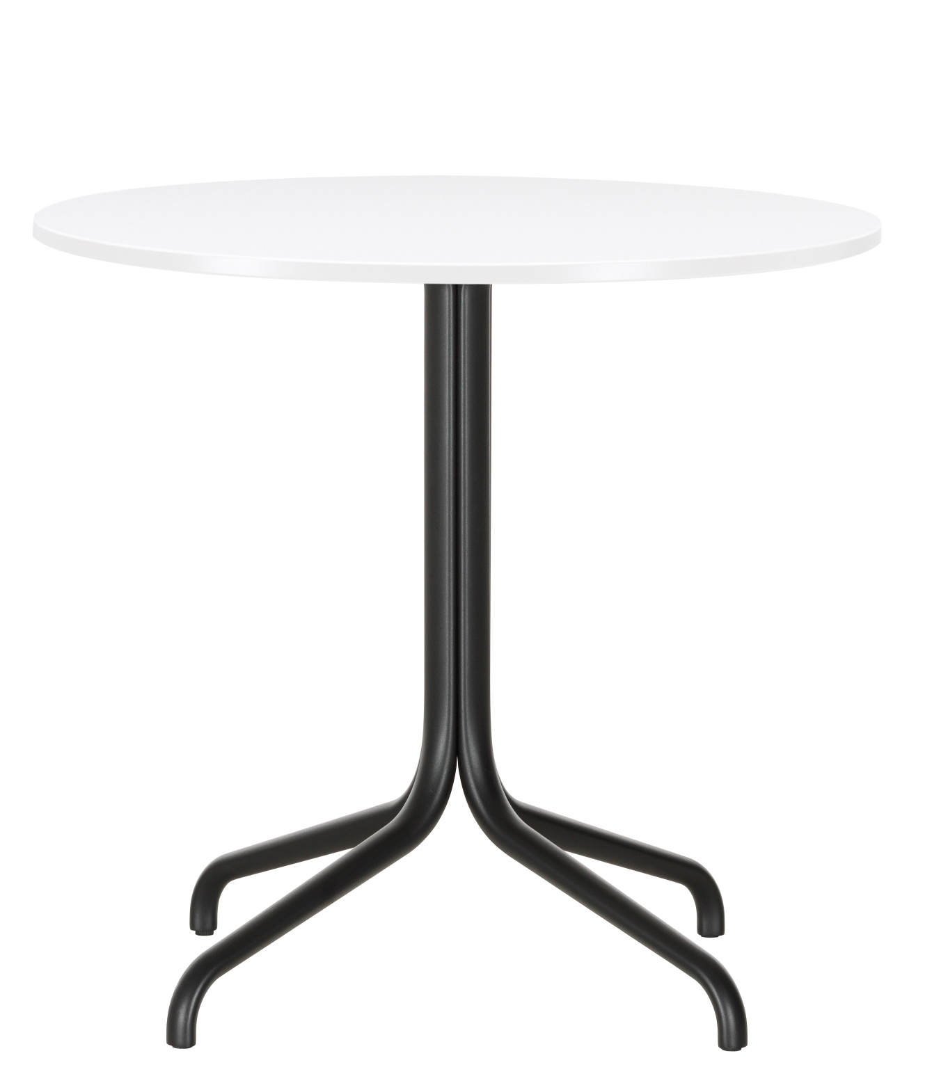 Weißer Belleville Tisch mit rundem Tischblatt und schwarzem Metallgestell für Esszimmer und Küche.