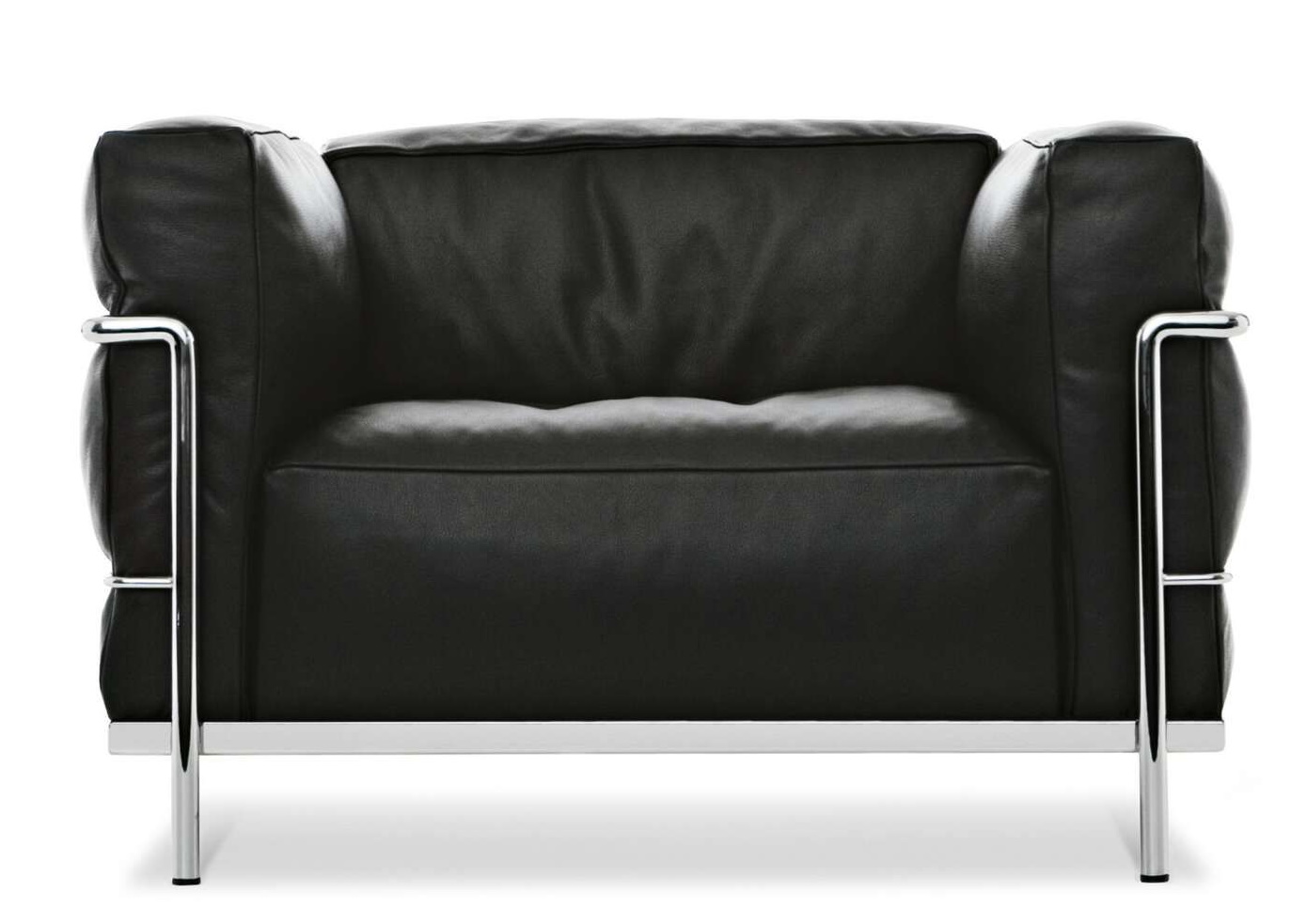 Schwarzer 3 Fauteuil Grand Confort Sessel von Cassina mit verchromtem Stahlrohrgestell, Frontansicht. Moderner Ledersessel für Wohnzimmer und Büro.