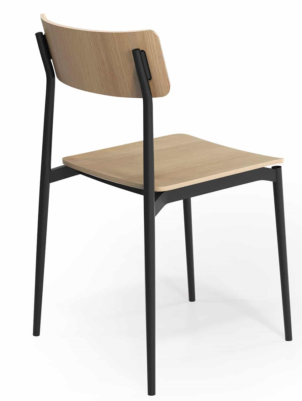 Cult-Wood Chair Stuhl von Segis  mit hellem Holz und schwarzem Metallgestell, Ansicht von hinten.