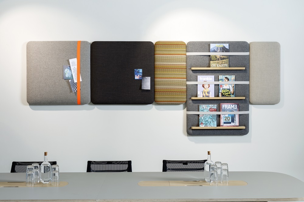 Cascando Pillow Wall Paneele in verschiedenen Farben und Ausführungen als Pinnwand und Regal.