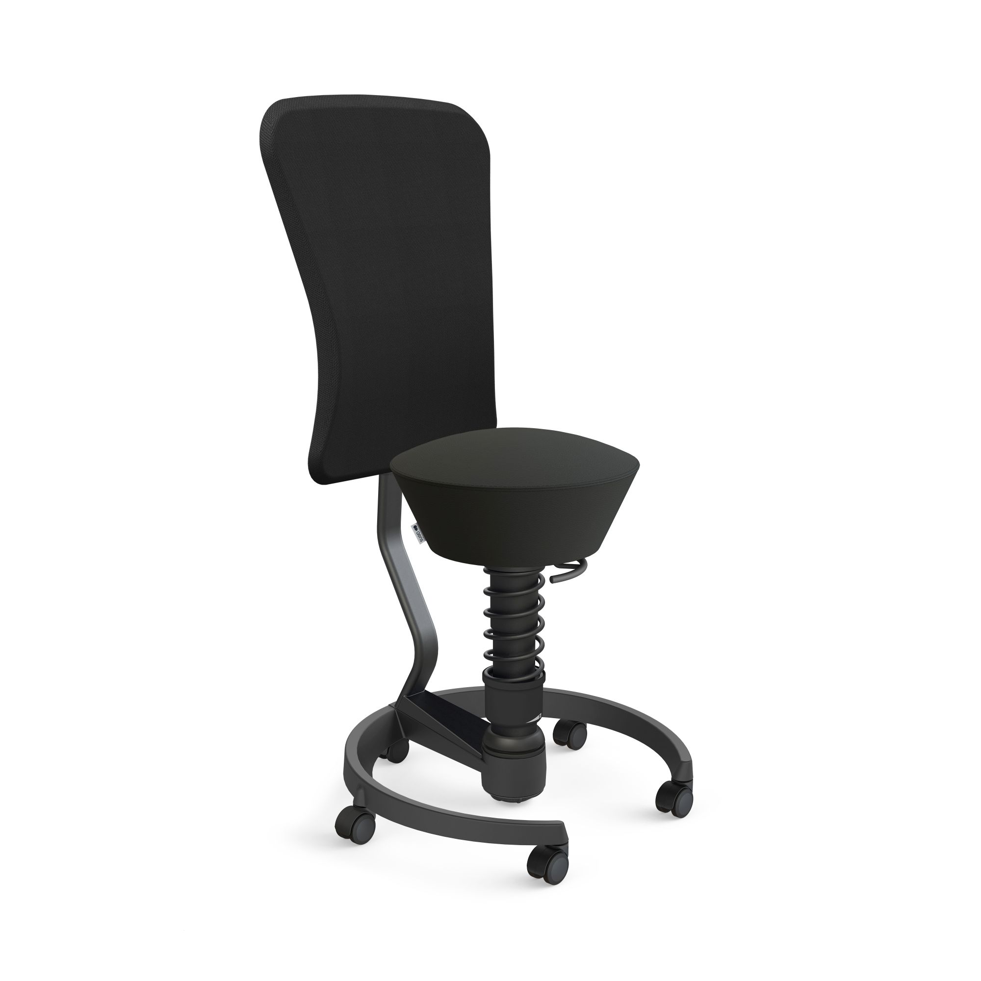 Schwarzer Bürostuhl mit Rückenlehne, Sitzfederung und Rollen für ergonomisches Sitzen im Büro.
