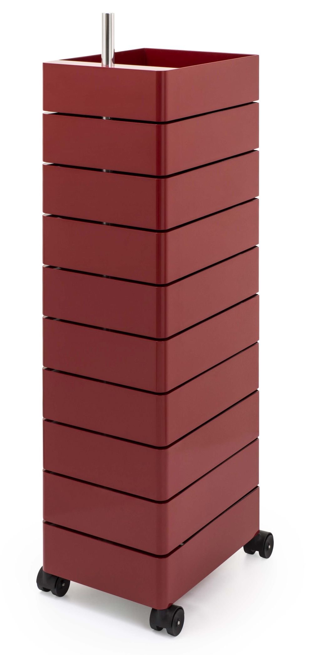 Roter 360° Container von Magis mit zehn Schubladen und Rollen für flexible Aufbewahrung.