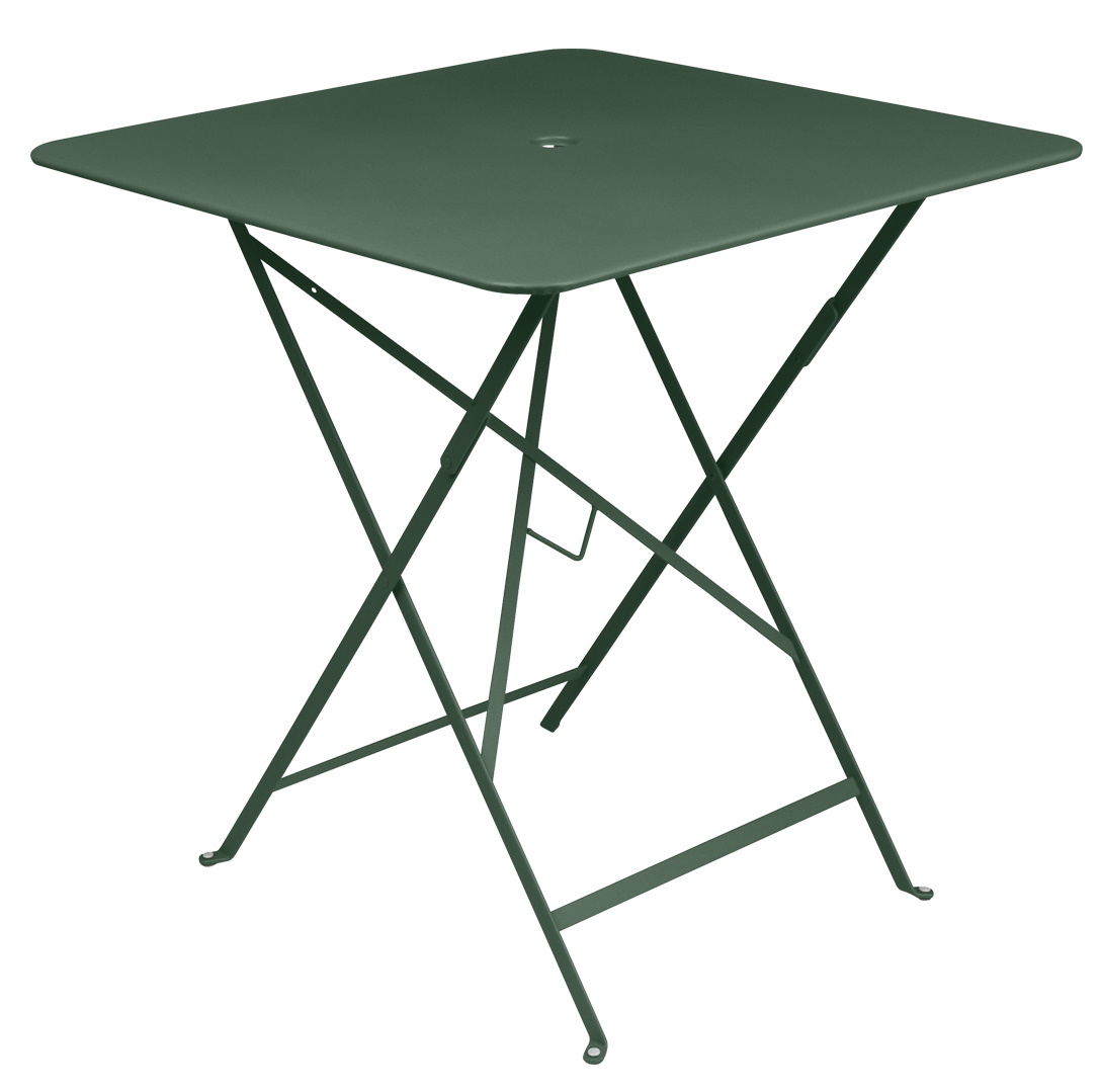Bistro+ Tisch Outdoor Fermob, quadratisch, klappbar, aus Metall in Waldgrün für Garten und Balkon.