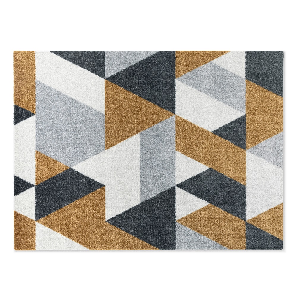 Blåne Fußmatte mit geometrischem Dreiecksmuster in Grau, Weiß und Braun für Innen- und Außenbereich.