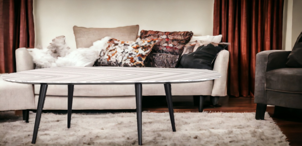 2318 Tweed Marble Esstisch von Zanotta, moderner Marmortisch mit schwarzen Beinen im Wohnzimmer.