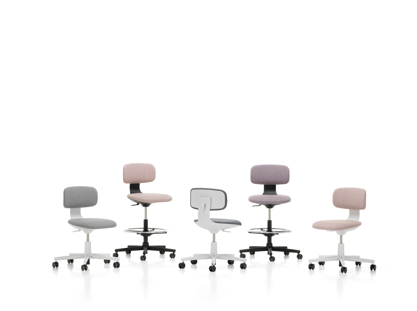 Vitra Rookie High Bürodrehstühle in verschiedenen Farben, ergonomisch, höhenverstellbar und mit Fußstütze für komfortables Sitzen.