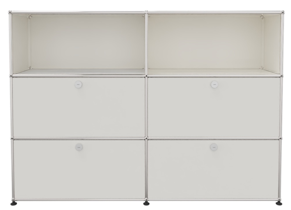 USM Haller Highboard in Reinweiß mit offenen Fächern, Klappen und Schubladen für stilvolle Aufbewahrung.