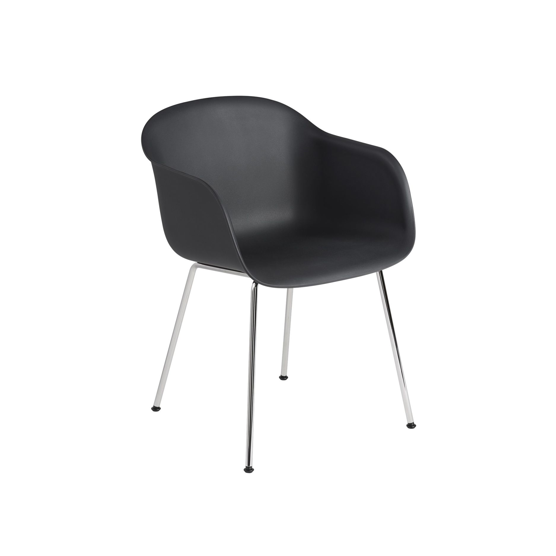 Schwarzer Fiber Armchair von Muuto mit verchromten Stahlrohrgestell, moderner skandinavischer Design Stuhl für Esszimmer und Büro.