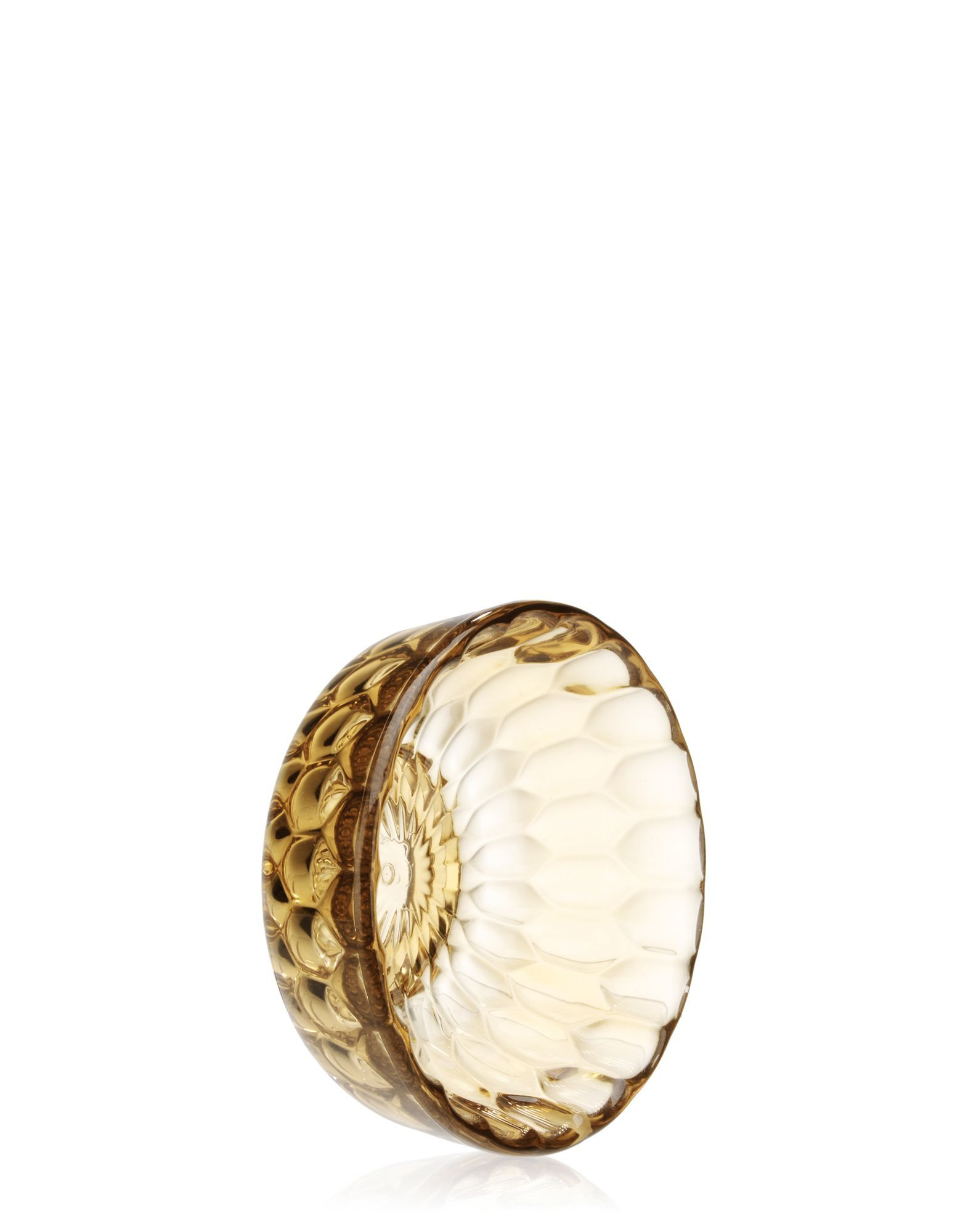 Bernsteinfarbener Jellies Garderobenhaken von Kartell, Nahaufnahme des kleinen, runden Wandhakens mit Strukturmuster.