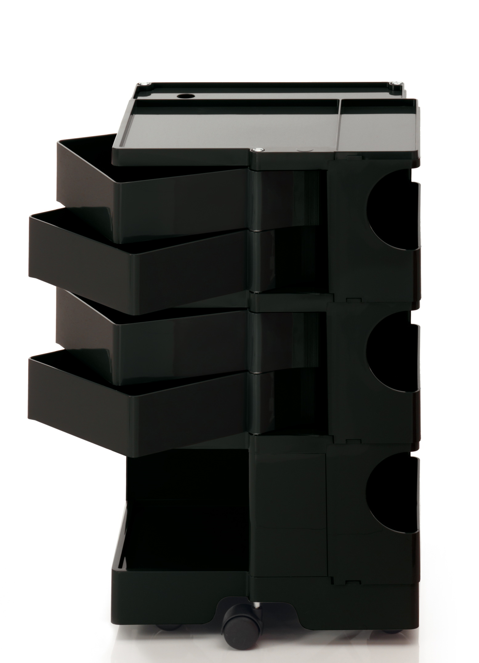 Schwarzer Boby Rollcontainer B34 mit Schubladen und Ablageflächen, ideal für Büro und Atelier.