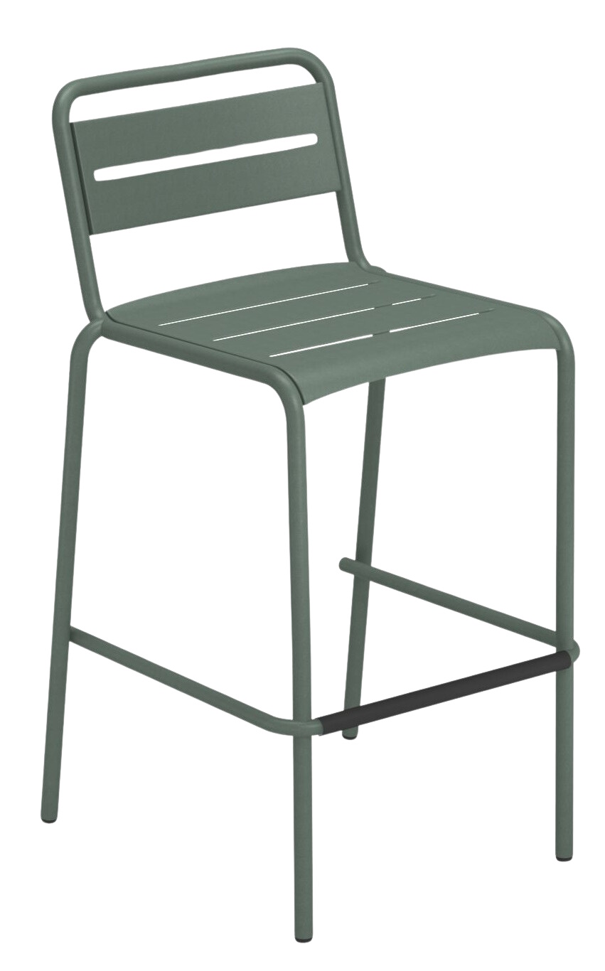 Grüner Star Barhocker von Emu für den Außenbereich, mit Rückenlehne und Fußstütze.