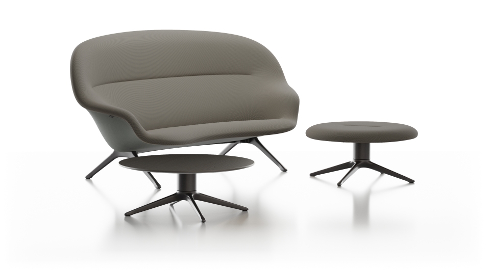 Abalon Sofa von Vitra mit passendem Hocker und Beistelltisch in Grau.