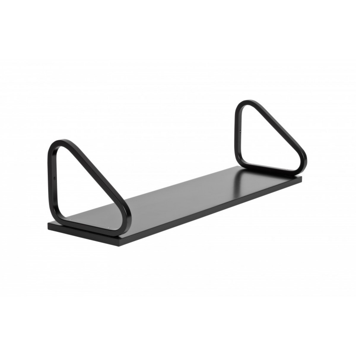 Schwarzes Artek Wandregal 112B mit minimalistischem Design und dreieckigen Halterungen für Bücher und Dekoration.
