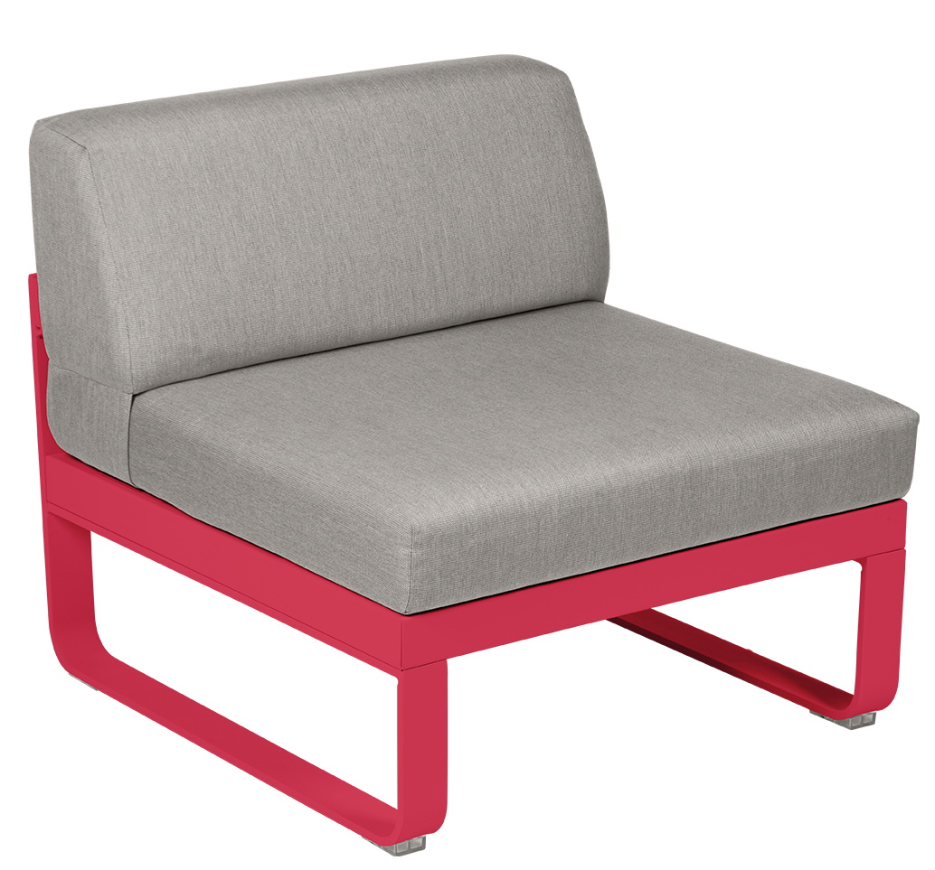 Bellevie Modulsofa: Einzelner Outdoor Sessel mit grauem Kissen und rotem Metallrahmen.