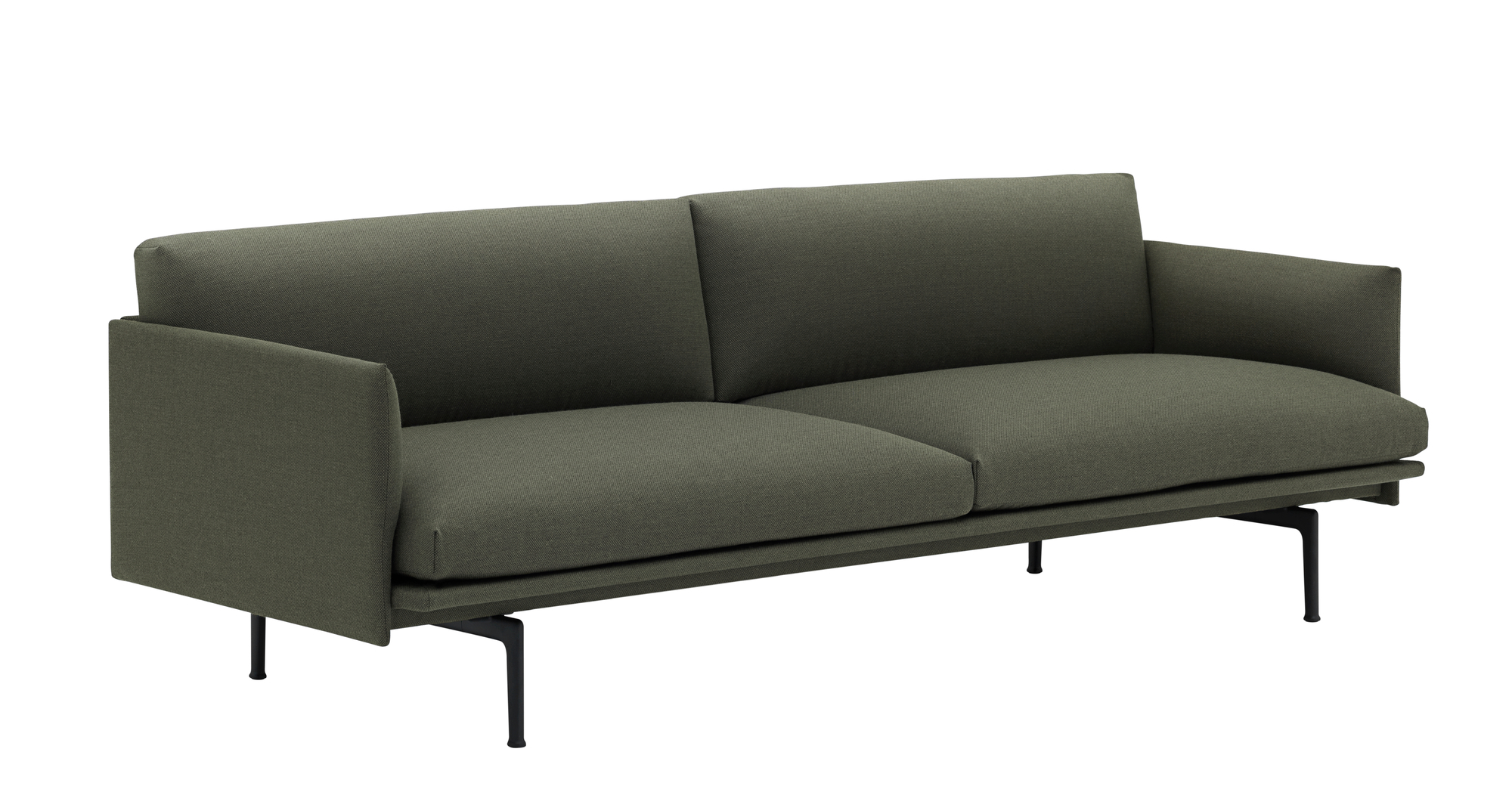 Muuto Outline Sofa, 3-Sitzer, olivgrüner Stoffbezug und schwarzes Metallgestell, modernes Design Sofa für Wohnzimmer.