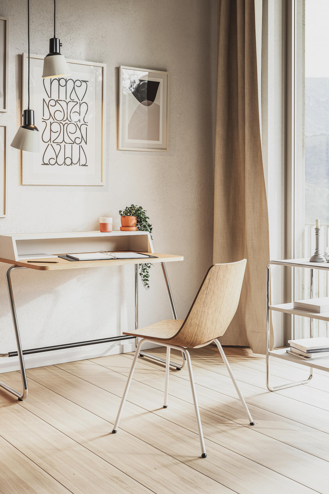 S 661 Stahlrohrstuhl Thonet im Interieur: Holzstuhl mit Stahlrohrgestell am Schreibtisch, minimalistisches Design.