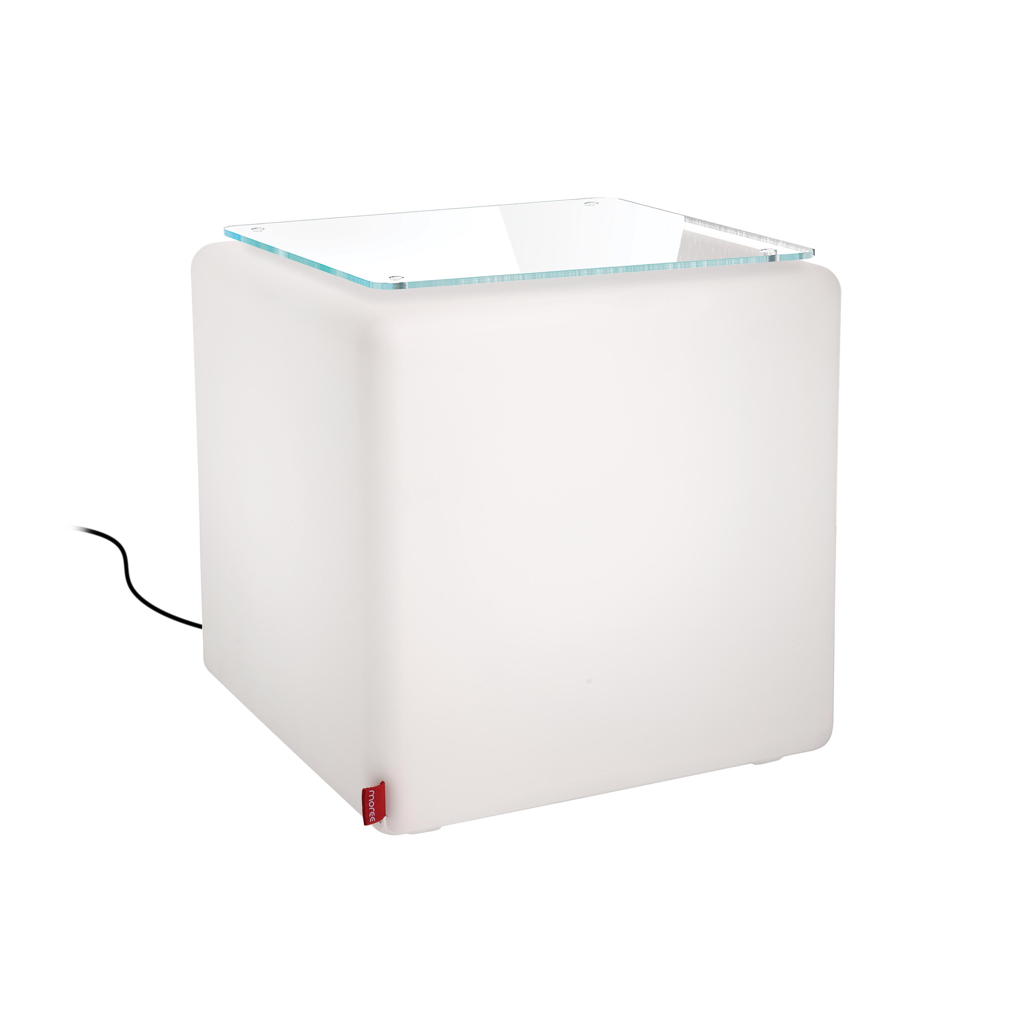 CUBE Beistelltisch von Moree, weiße Outdoor-Lampe mit Glasplatte, vielseitig als Hocker nutzbar.