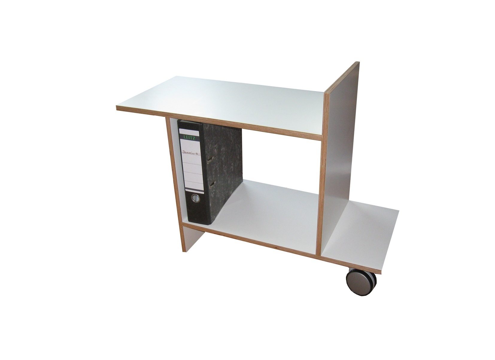 Freund Beistelltisch Tojo mit Rollen, Ablageflächen und Ordner. Moderner, mobiler Beistelltisch für Büro oder Wohnzimmer.